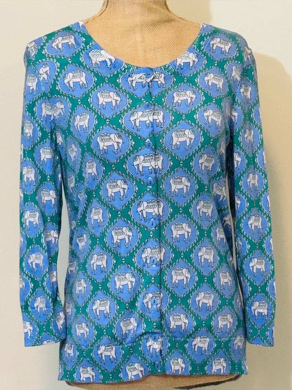 *Talbots* Blue and Green Elephant 🐘 Print Cardigan Sweater, Small